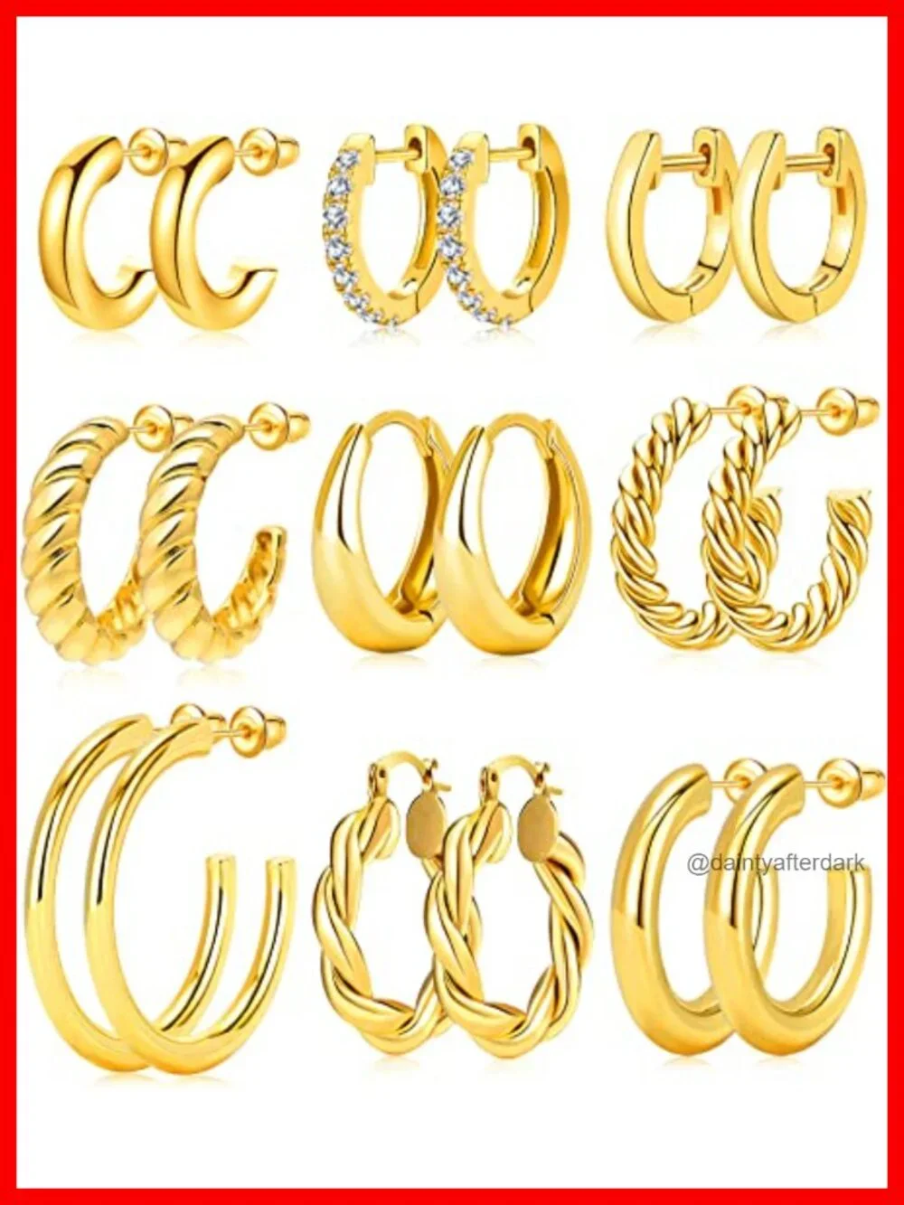 9 Pairs Gold Hoop Earrings Set, Twisted Huggie Hoop Earrings 18K Gold Plated,
